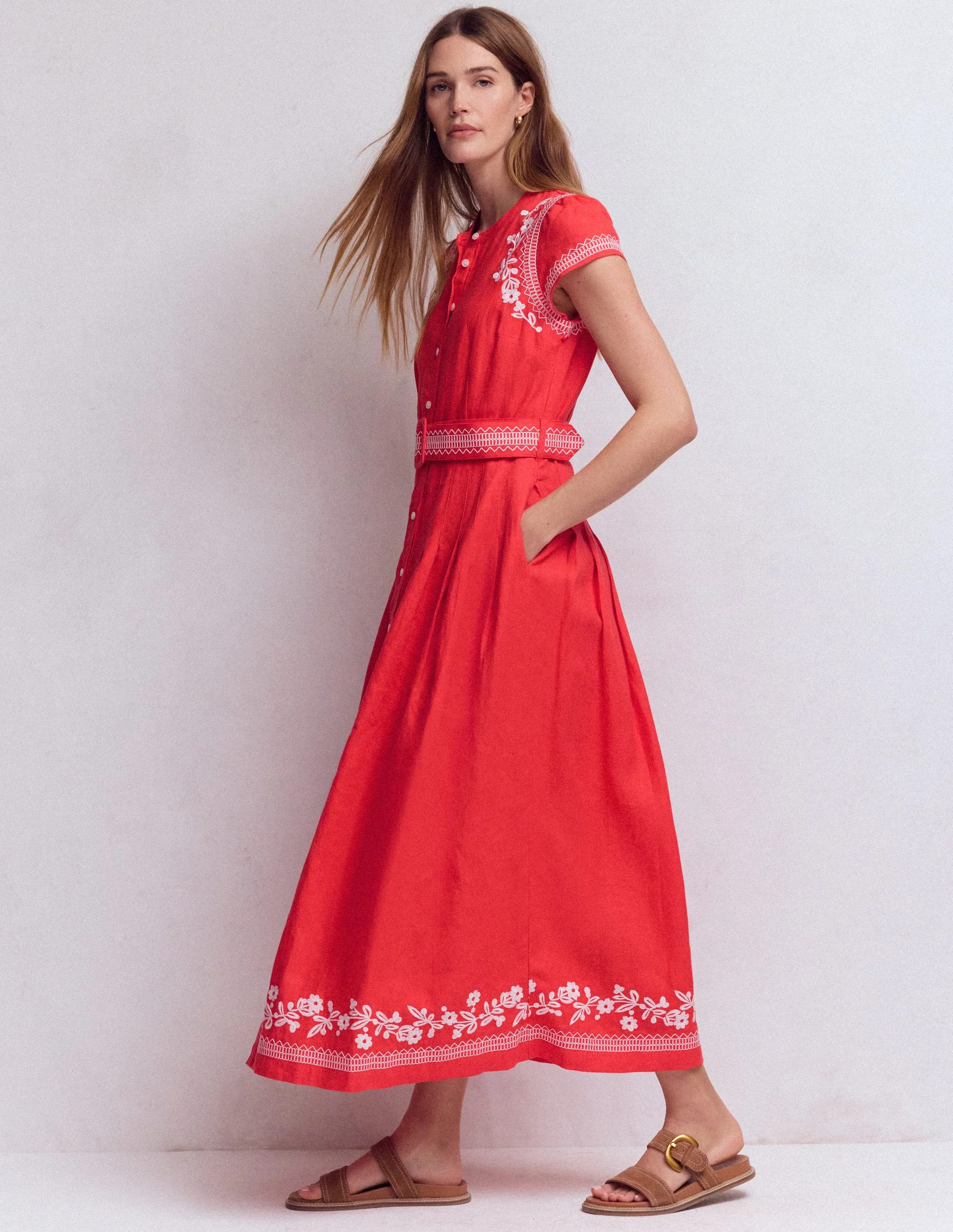 Arabella Linen Blend Dress-Red Embroidery | Boden (US)