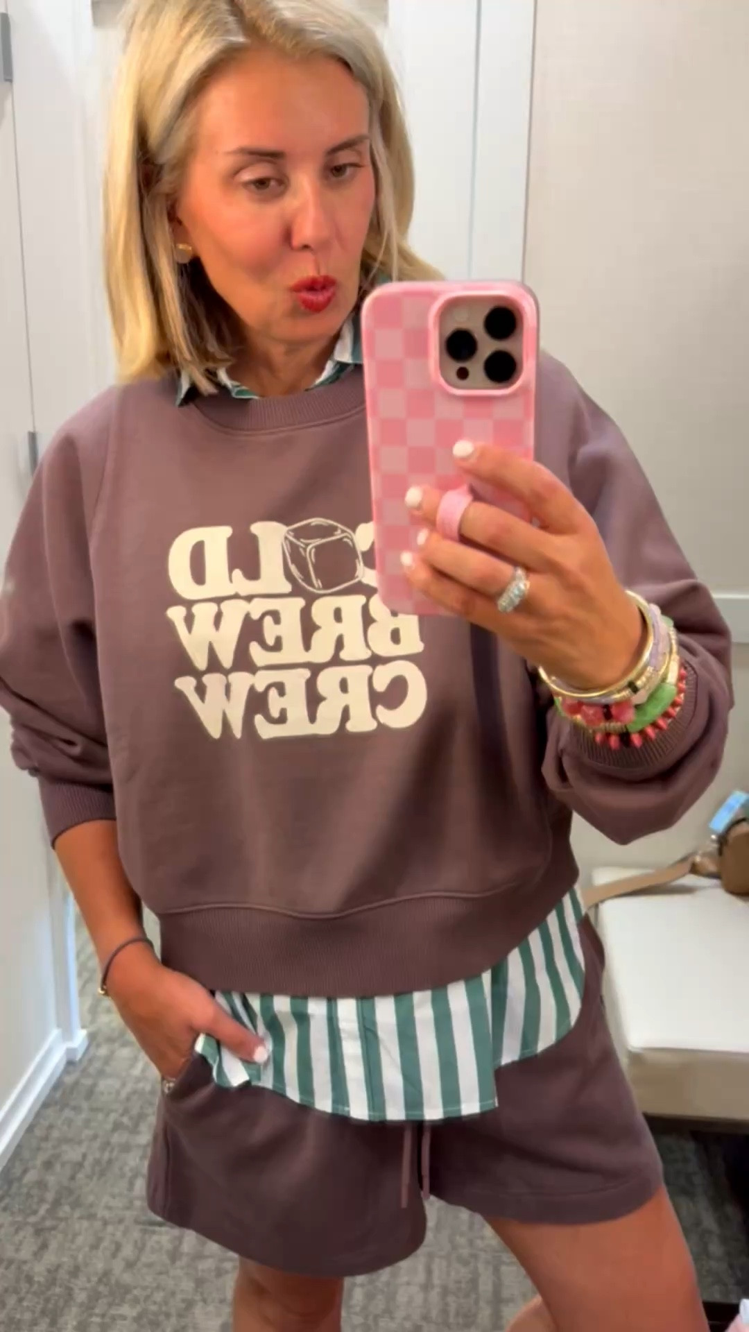 Oh wait…I love this layered look! Pop the collar and leave the shirt tail out & throw on some sneakers and go! 
Set - small 
Blouse - xs petite
Sneaker - 8 tts 
