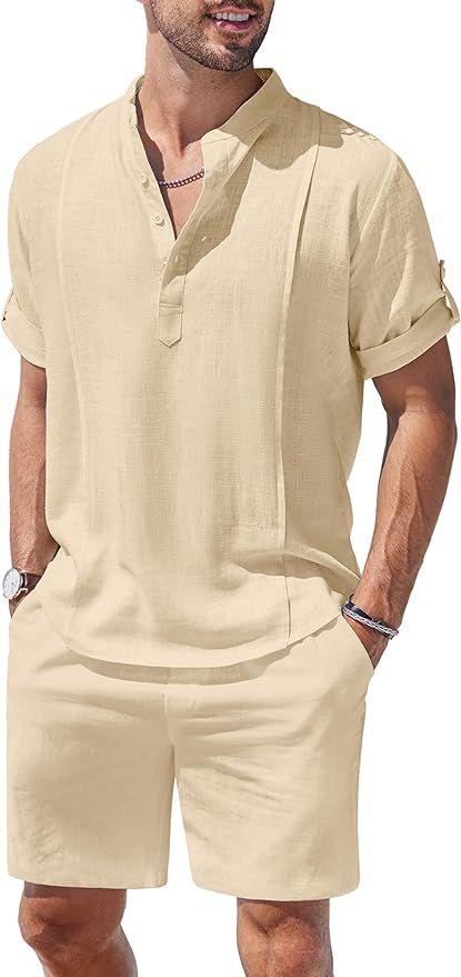 COOFANDY Men's 2 Pieces Linen Set Henley Shirt Short Sleeve and Shorts Summer Beach Yoga Matching... | Amazon (US)