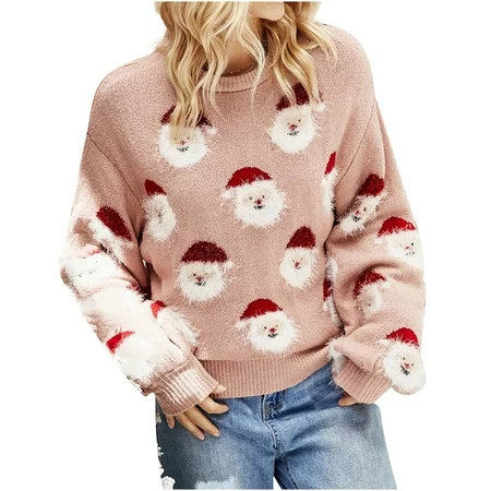 Odeerbi Christmas Sweaters for Women Loose Knit Sweater 2025 Fashion Santa Print Long Sleeve O-Neck Top Pink | Walmart (US)