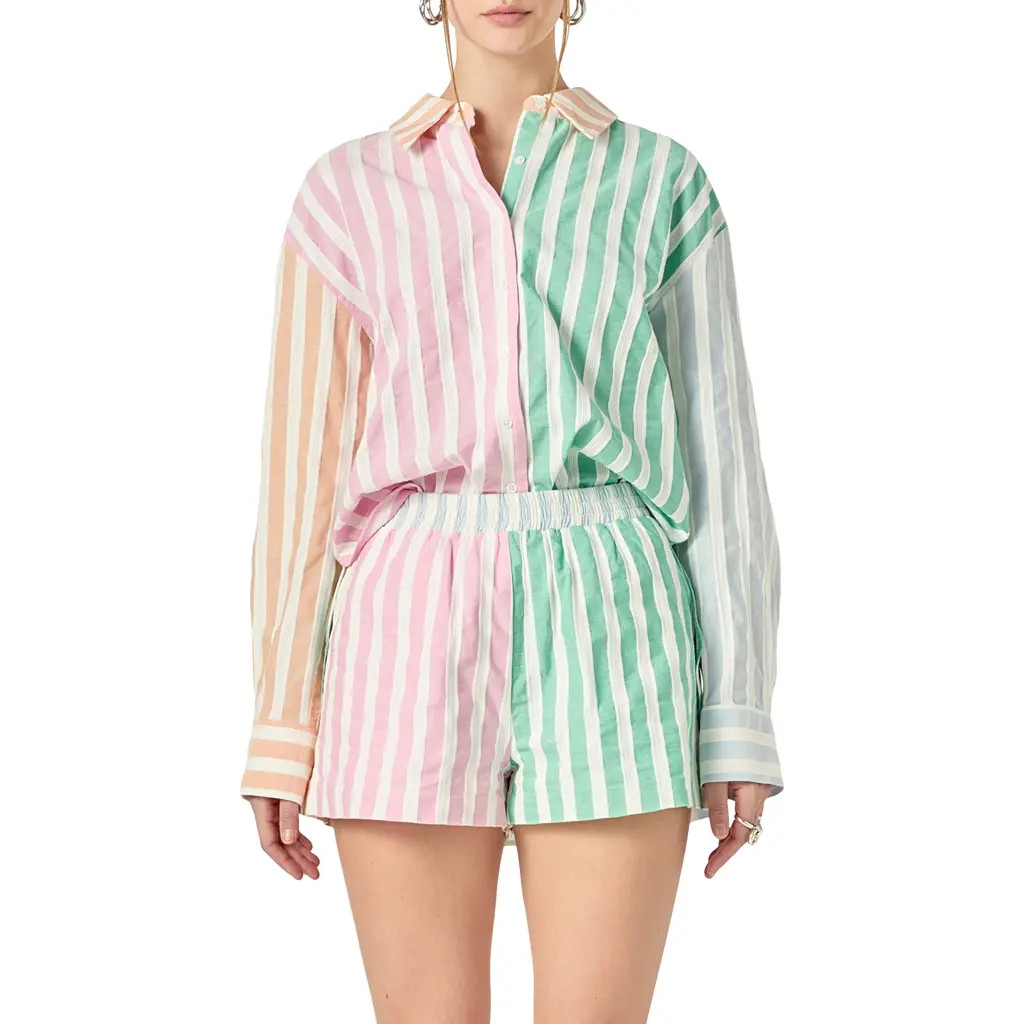 English Factory Colorblock Stripe Shirt in Pink Multi at Nordstrom, Size Large | Nordstrom