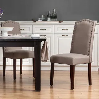 Glitzhome Tan Fabric Studded Decoration Dining Chairs | Bed Bath & Beyond