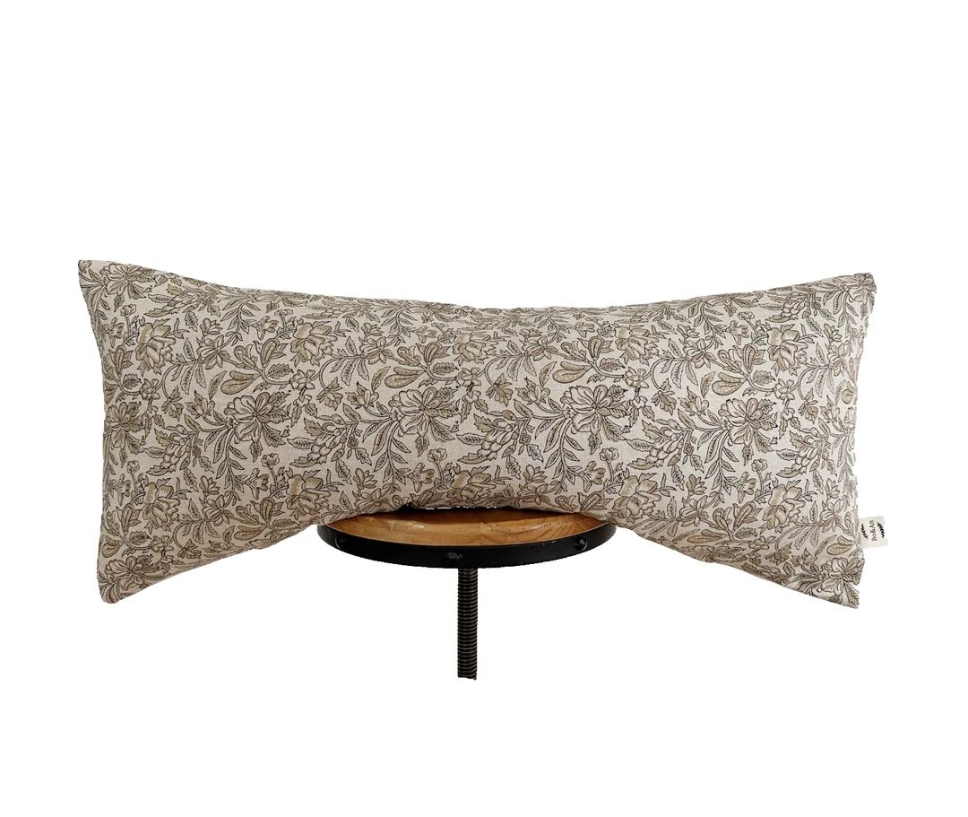 block print linen pillow, Brown/light gray/tan color floral pillow. lumbar pillow cover.14×30"14... | Etsy (US)