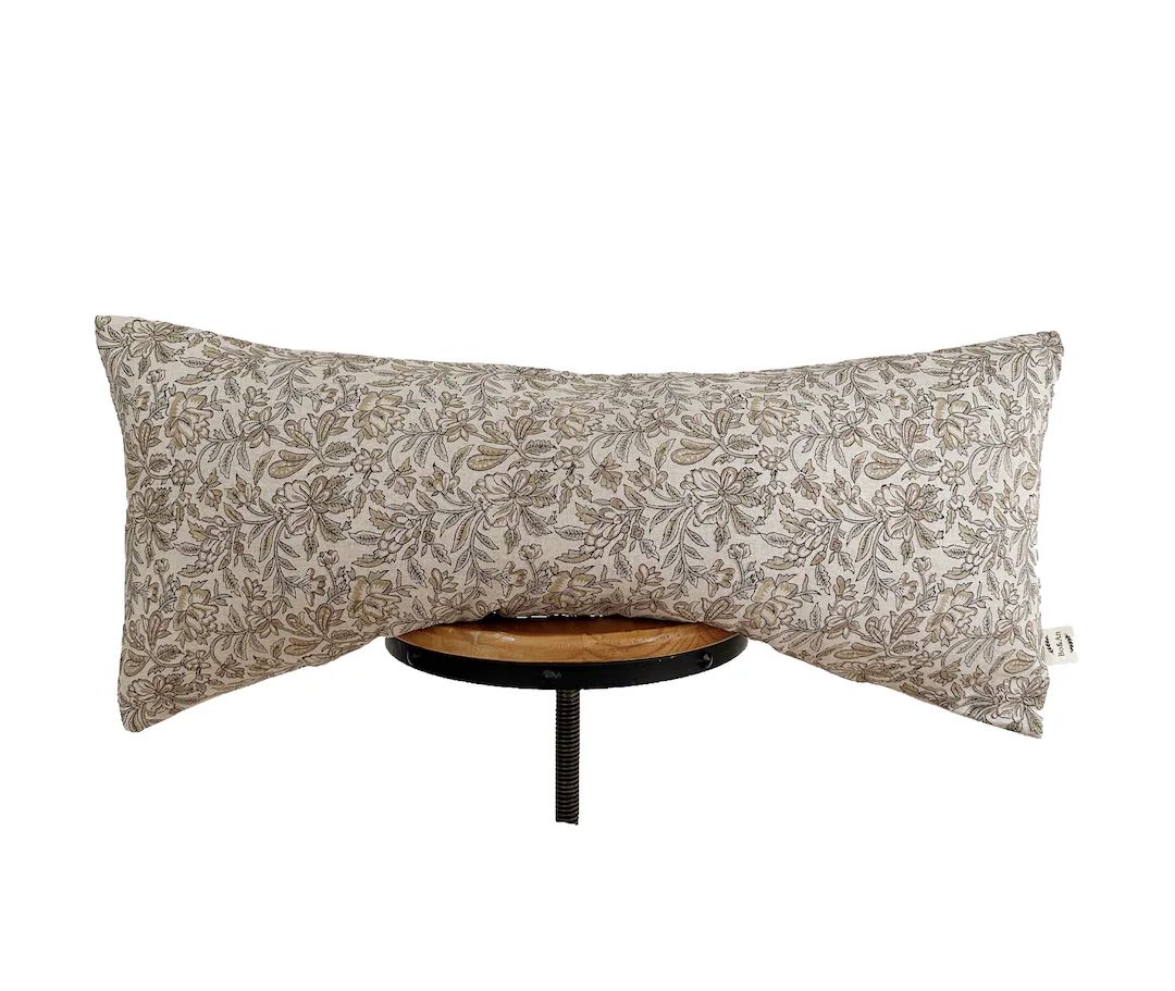 Block Print Linen Pillow, Brown/light Gray/tan Color Floral Pillow. Lumbar Pillow Cover.143014341... | Etsy (US)
