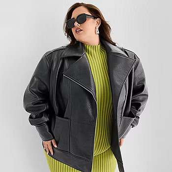 new!Ashley Graham Womens Plus Faux Leather Midweight Motorcycle Jacket | JCPenney