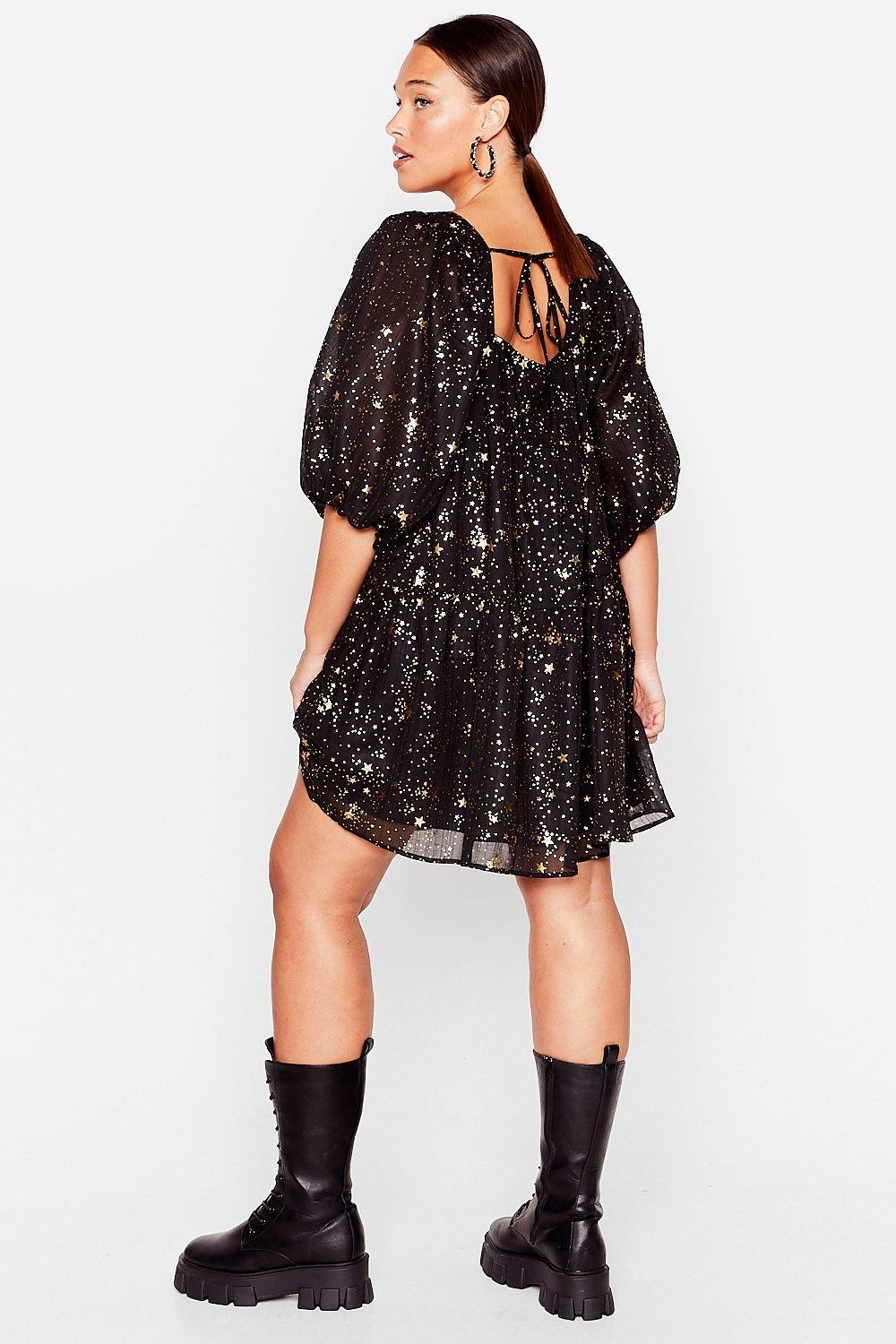 Grande Taille - Robe courte à manches bouffantes & imprimé étoiles Je suis la star de ta vie | NastyGal (FR)