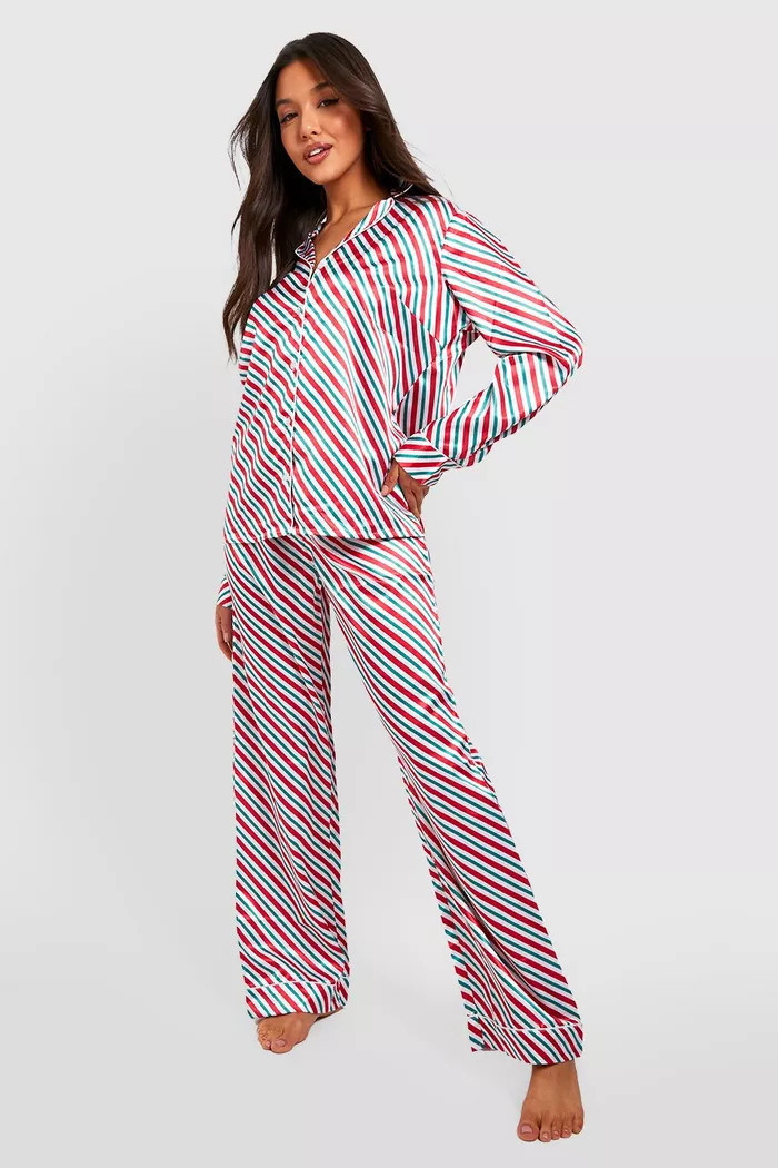 Christmas Candy Cane Stripe Satin Pajama Pants Set | boohoo (US & Canada)