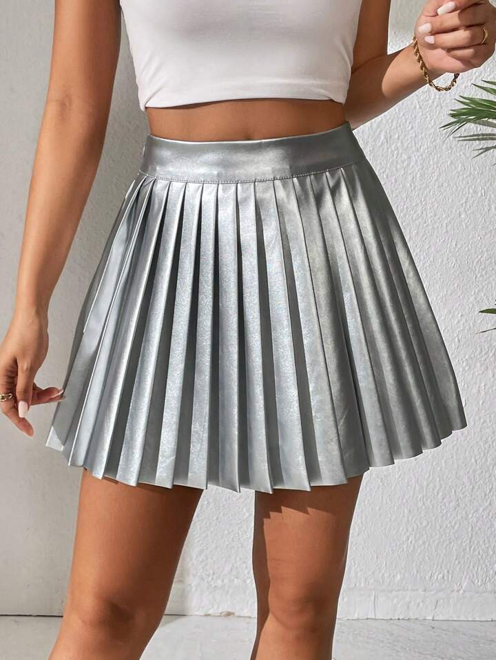 SHEIN PETITE High Waist Metallic Pleated Skirt | SHEIN
