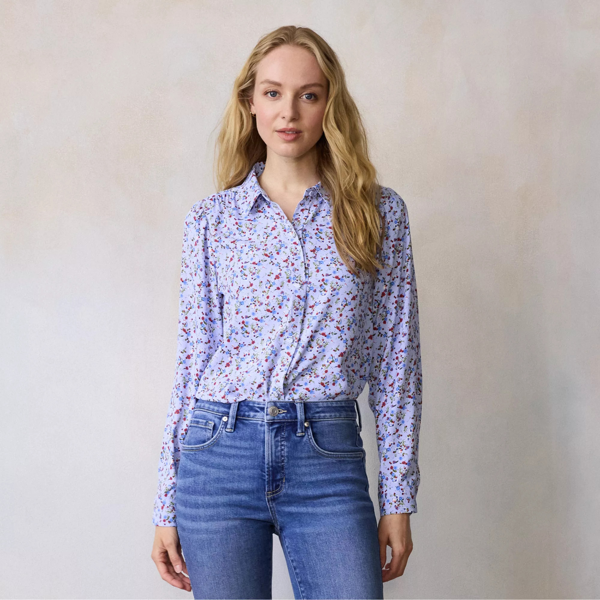 Women's LC Lauren Conrad Collared Button-Front Shirt With Ruffle, Size: Large, Blue Lovin Gingham | Kohl's