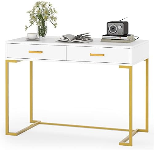 Tribesigns Computer Desk with 2 Drawers, White and Gold Desk Modern Writing Desk Study Table for ... | Amazon (US)