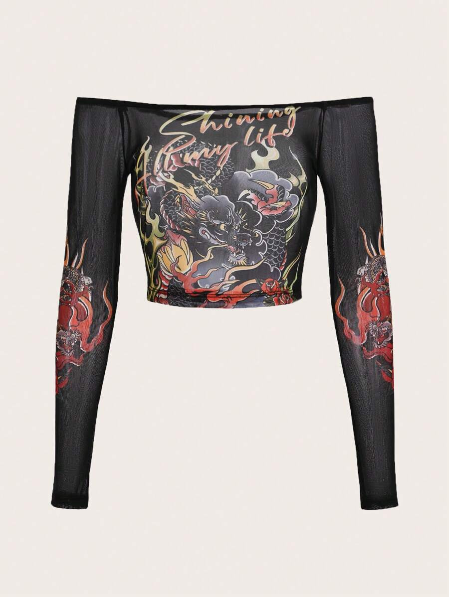 SHEIN CURVE+ Plus Off Shoulder Chinese Dragon Mesh Top | SHEIN