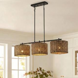 40.55 in. 3-Light Boho Matte Black Hand-Woven Rattan Chandelier Kitchen Island Hanging Lighting Fixture | The Home Depot