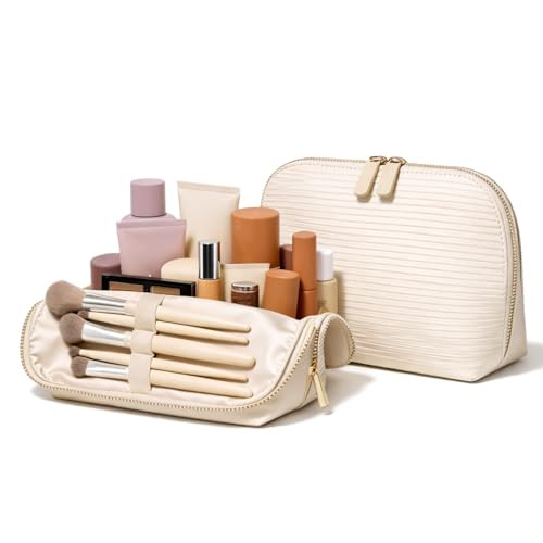 APT 1101 Large Standing Foldable Makeup Bag for Travel, Vertical Folding Down Design, Organized Cosmetic & Skincare Bag for 2–4 Week Trips (Oatmeal) | Amazon (US)