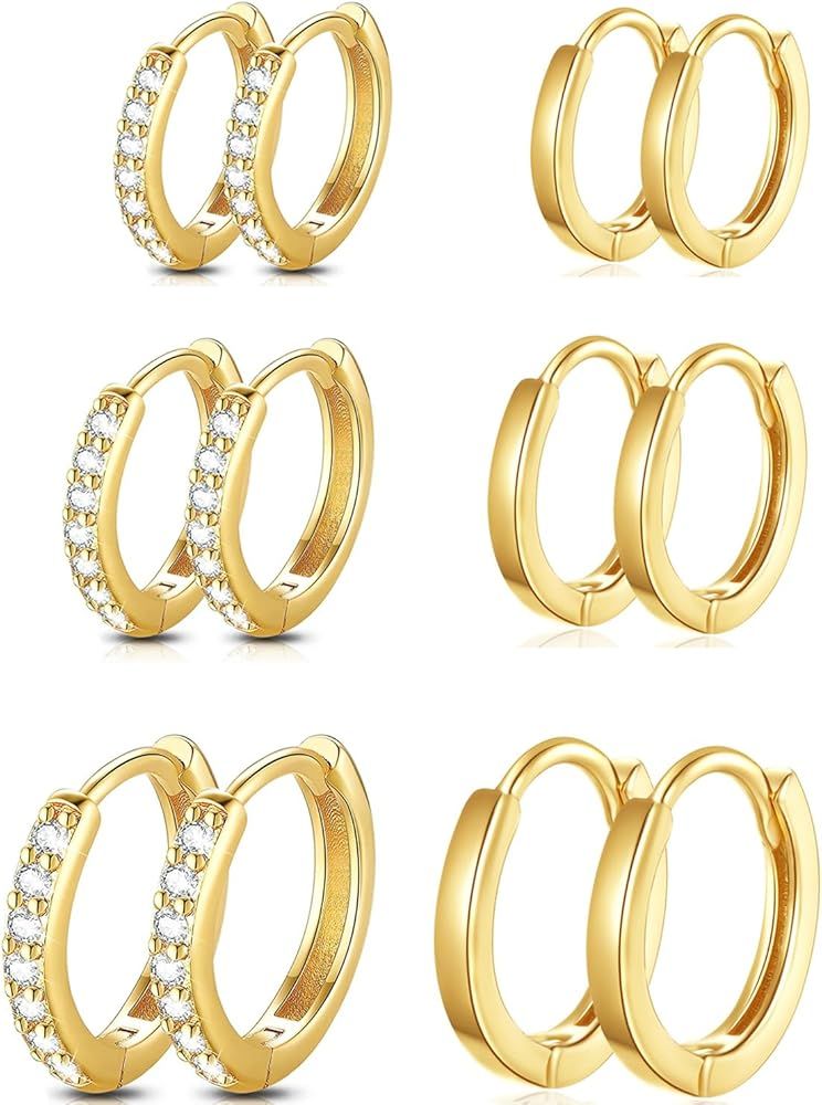 Cocadant 6 Pairs Small Silver Huggie Hoop Earrings for Women Girls,14k Real Gold Hypoallergenic T... | Amazon (US)