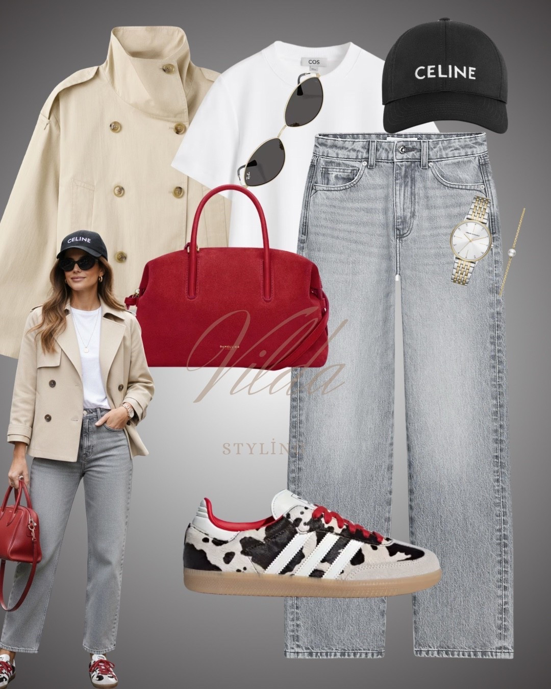 Effortless, elevated, and a little bit bold. 🐄✨ Pairing a classic cropped trench with my favorite light-wash denim for that perfect transitional look. But let’s be real—the cow-print Sambas and that red suede bag are the real stars of the show #StreetStyle #CasualChic #OOTD 

#LTKstyletip #LTKspring #LTKFashionMonth