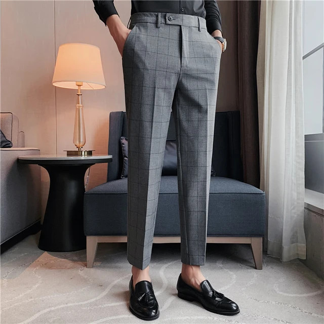 2023 High Quality Men's Formal Pants Office Social Business Fashion Plaid Suit Pants Casual Slim ... | AliExpress (US)