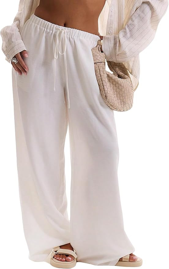 Womens Linen Pants Wide Leg Loose Swimsuit Coverups Summer Pants Beach Vacation Outfits | Amazon (US)