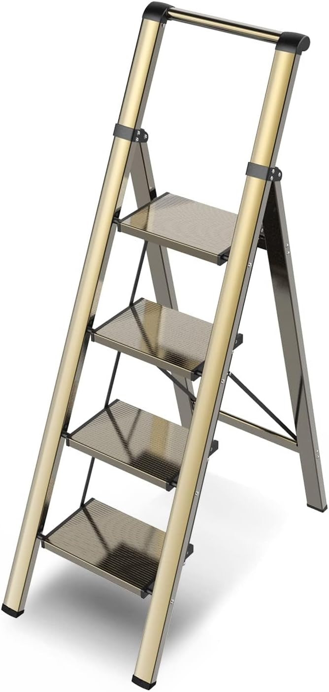 4 Step Ladder, Folding Step Stool with Anti-Slip and Wide Pedal, Gold Ladder with Handgrip, Light... | Amazon (US)