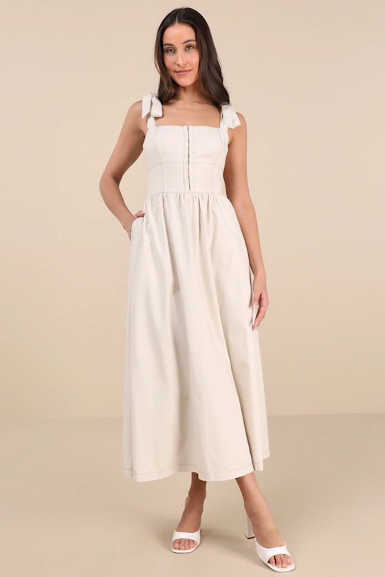Callina Cream Tie-Strap Midi Dress | Lulus