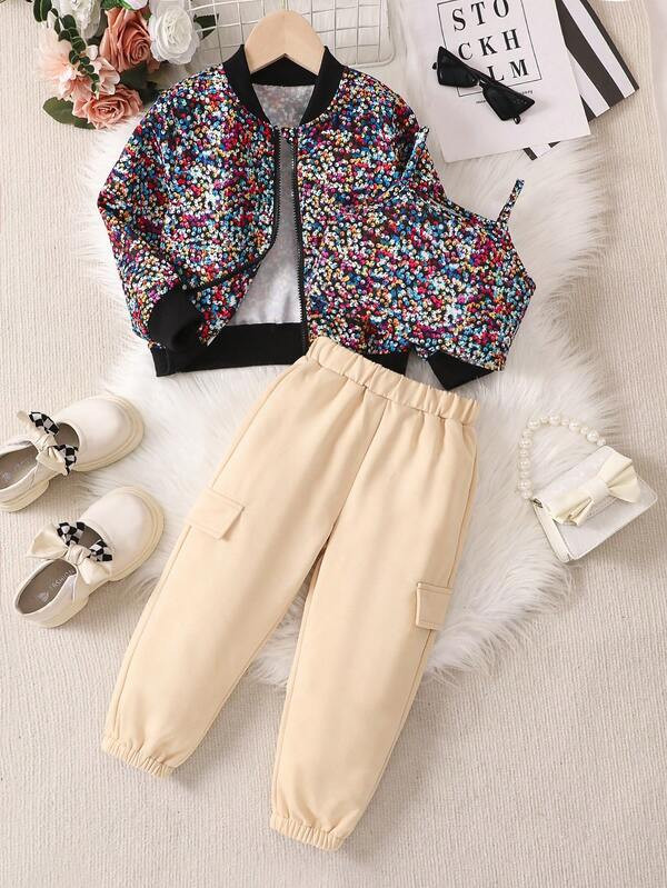 Young Girl Sequin Print Bomber Jacket & Cami Top & Flap Detail Pants | SHEIN