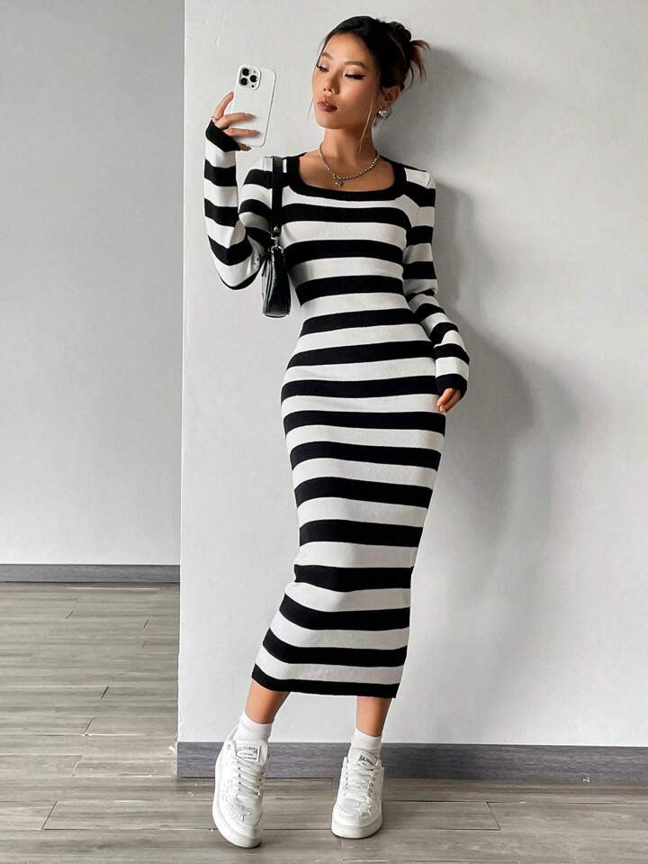 Striped Pattern Scoop Neck Bodycon Sweater Dress | SHEIN