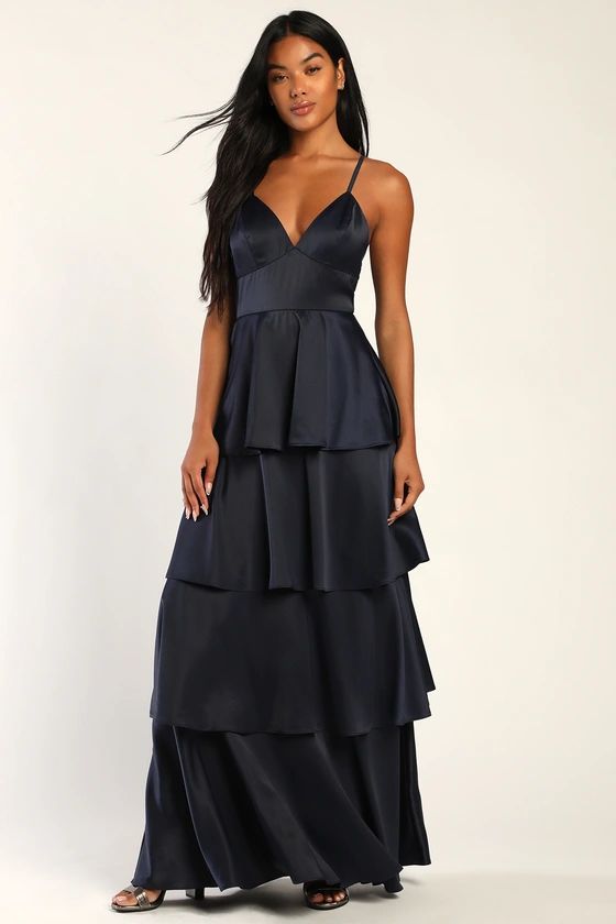 Going with Elegance Navy Blue Satin Tiered Maxi Dress | Lulus (US)