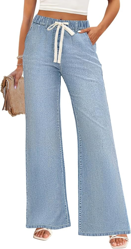 ZESICA Womens Drawstring High Waist Jeans Loose Fit Wide Leg Straight Baggy Trendy Denim Pants wi... | Amazon (US)
