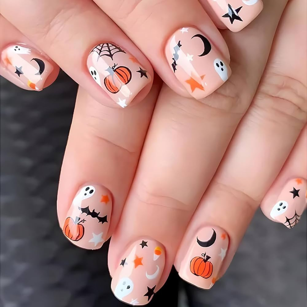 Halloween Press on Nails Short Square with Cute Ghost Pumpkin Star Design Fake Nails Full Cover S... | Amazon (US)