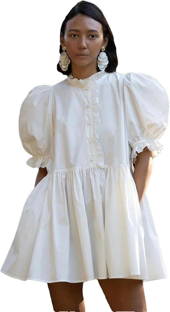 Women's Loose Dress Stand Collar Short Sleeve Mini Dresses Elegant High Waist Lace-Up Dress | Amazon (US)