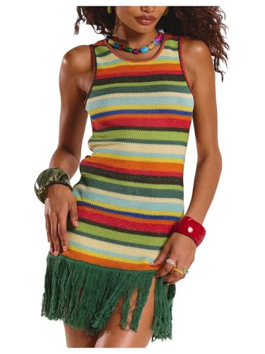 SOLY HUX Women's Striped Fringe Mini Dress Sleeveless Crew Neck Color Block Knit Bodycon Beach Va... | Amazon (US)