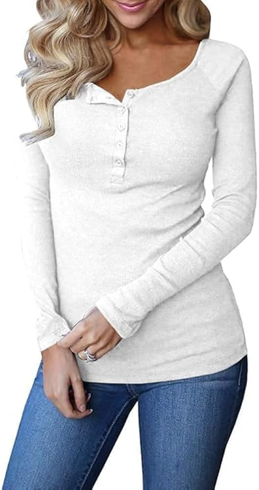 Remikstyt Womens Long Sleeve Henley Shirts Ribbed Button Down Casual Tunic Tops | Amazon (US)