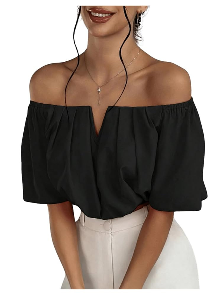 SOLY HUX Women's Off Shoulder Short Sleeve Ruched Crop Tops Blouse | Amazon (US)