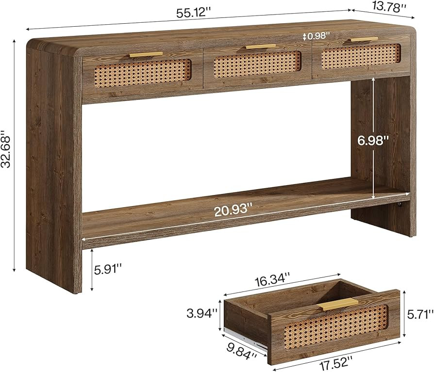Tribesigns 55-Inch Entryway Table with 3 Rattan Drawers, Narrow Console Sofa Table with 2-Tier Op... | Amazon (US)