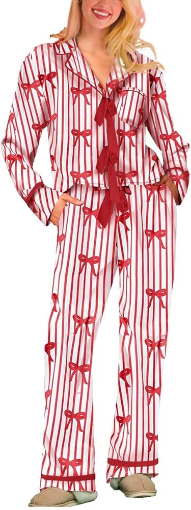 Women Silk Christmas Pajamas 2 Piece Satin Ribbon Tie Front Pjs Xmas Long Sleeve Shirt Pants Loun... | Amazon (US)