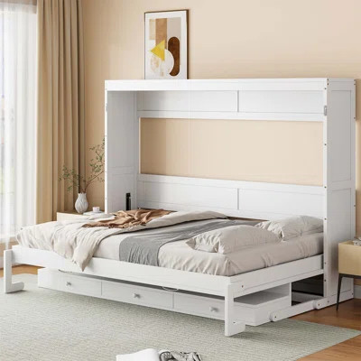 Queen Size Wall Murphy Bed With Storage, Foldable Cabinet Bed With Vanity Desk, Center Mirror & 2 Side Drawers, White | Wayfair North America