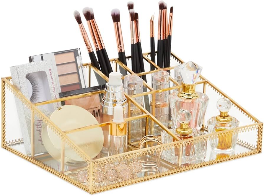 Glass Makeup Organizer with Gold Trim for Vanity, Cosmetic Storage (10.2 x 7.5 x 3.5 In) | Amazon (US)