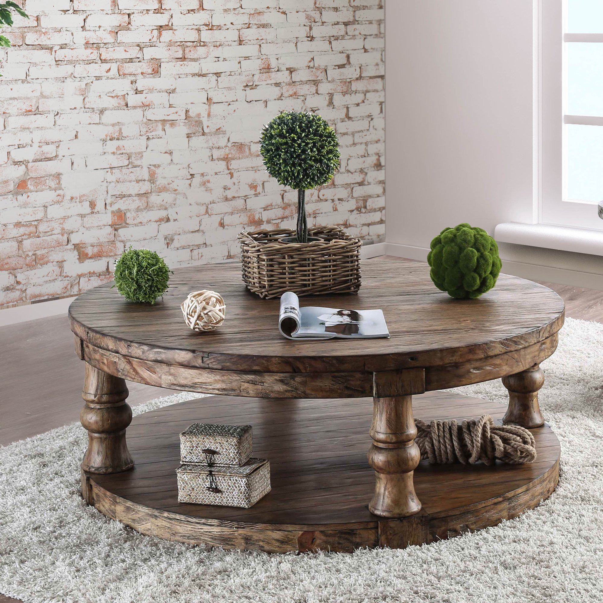 Furniture of America Tanenbaum Wood with Lower Shelf Round Coffee Table, Antique Oak | Walmart (US)