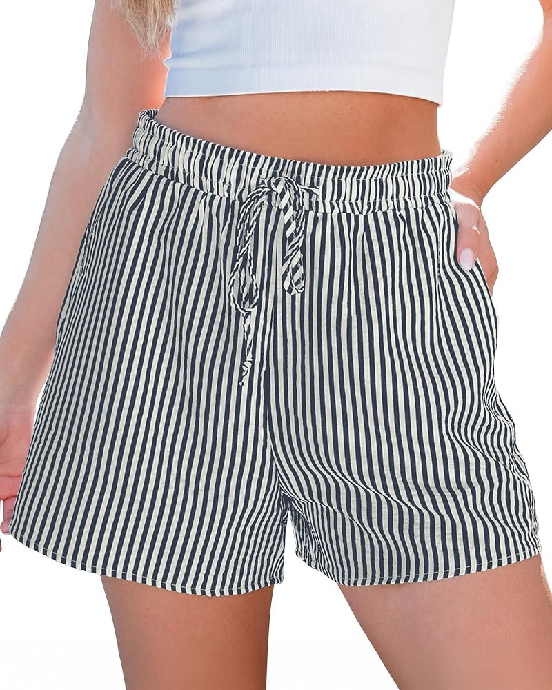 luvamia Striped Shorts for Women High Waisted Beach Casual Drawstring Pull On Elastic Waist Summe... | Amazon (US)