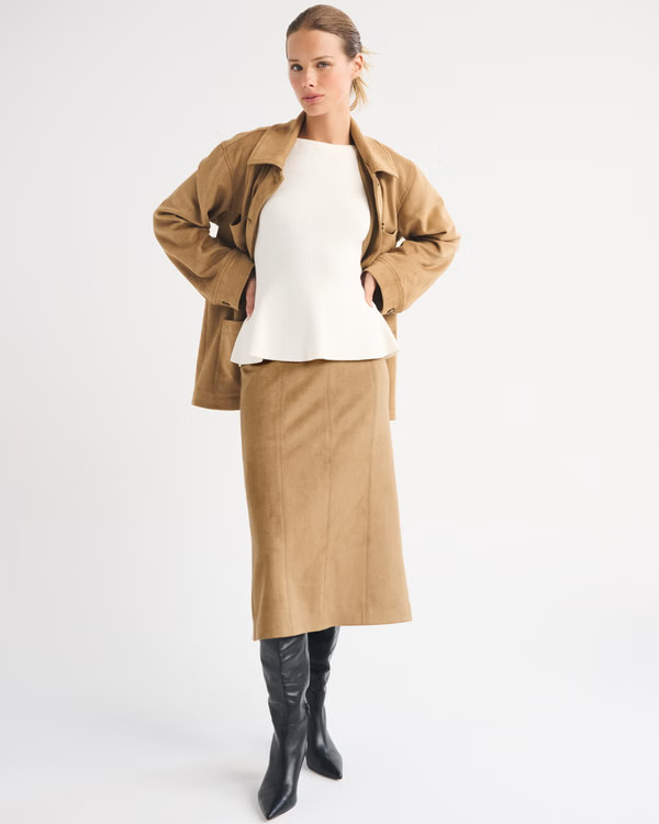 Low Rise Vegan Suede Midi Pencil Skirt | Abercrombie & Fitch (US)