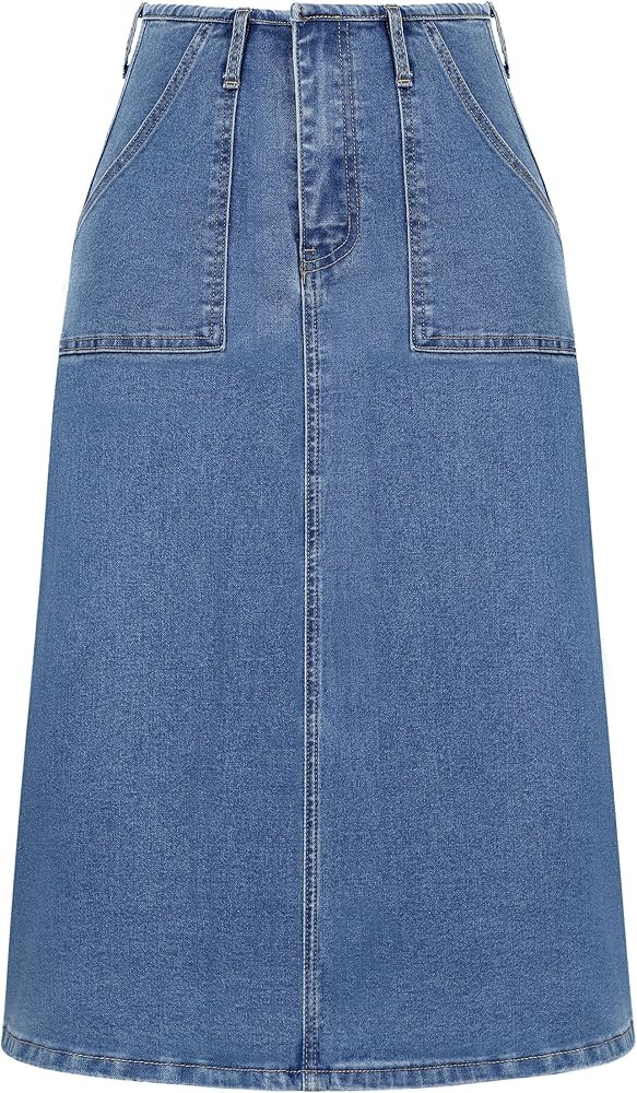 FOMELY Denim Skirt Women High Waisted Long Jean Skirt Back Split Stretchy Denim Skirt with Pocket... | Amazon (US)