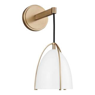 Sea Gull Lighting Norman 1-Light Satin Brass Wall Sconce with Matte White Steel Shade | The Home Depot
