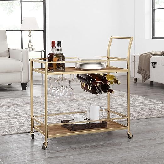 FirsTime & Co. Gold and Brown Francesca Bar Cart, 2 Tier Mobile Mini Bar, Kitchen Serving Cart an... | Amazon (US)