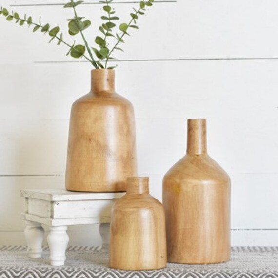 Set of 3 Wood Vases Wood Bottles Mantle Decor Farmhouse Home Decor Spring Decorations Dining Tabl... | Etsy (US)