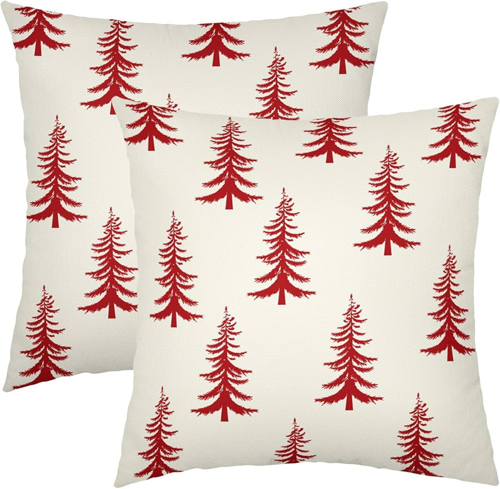 Red Christmas Tree Pillow Covers Set of 2 Xmas Trees Geometric Square Throw Pillows For Couch Win... | Amazon (US)