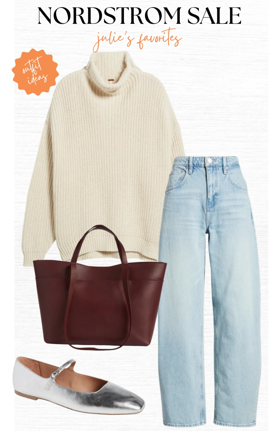 How beautiful is this Madewell tote? It’s the perfect cherry brown color and I love it for fall and winter. I paired this cream sweater from Free People with light wash barrel jeans from FRAME. If you’re new to barrel jeans, this is a great versatile wash to test them out! I finished this outfit with these adorable silver metallic flats by Nordstrom. Love these for the cooler months! 

I hope these outfits help get you started on your Nordstrom Sale wishlist! Let us know which outfit you love the most in the comments and stay tuned as we cover more of the sale now through August 4! 

#nordstrom #nordstromsale 

#LTKOver40 #LTKSummerSales #LTKxNSale