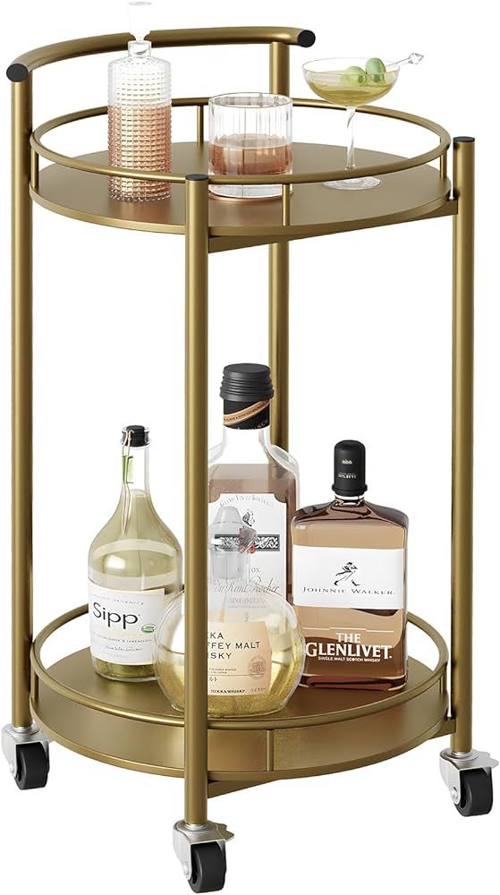 Bar Cart Gold Rolling Cart for Home,2 Tiers Bar Serving Cart Round Wine Cart with Handle, Metal W... | Amazon (US)