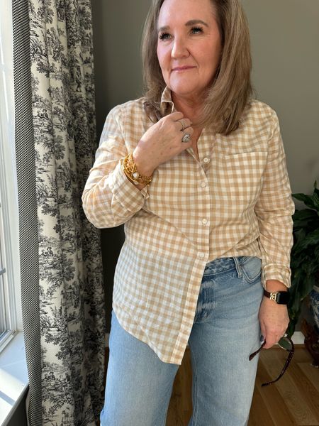 A neutral gingham is a great classic. 
Wearing size XL
Jeans are size 14 short. Relaxed wide leg boyfriend fit. 
My jewelry is stunning. Honestly any Julie Vos piece elevates your look. Start your collection! 


#LTKover40 #LTKfindsunder50 #LTKmidsize