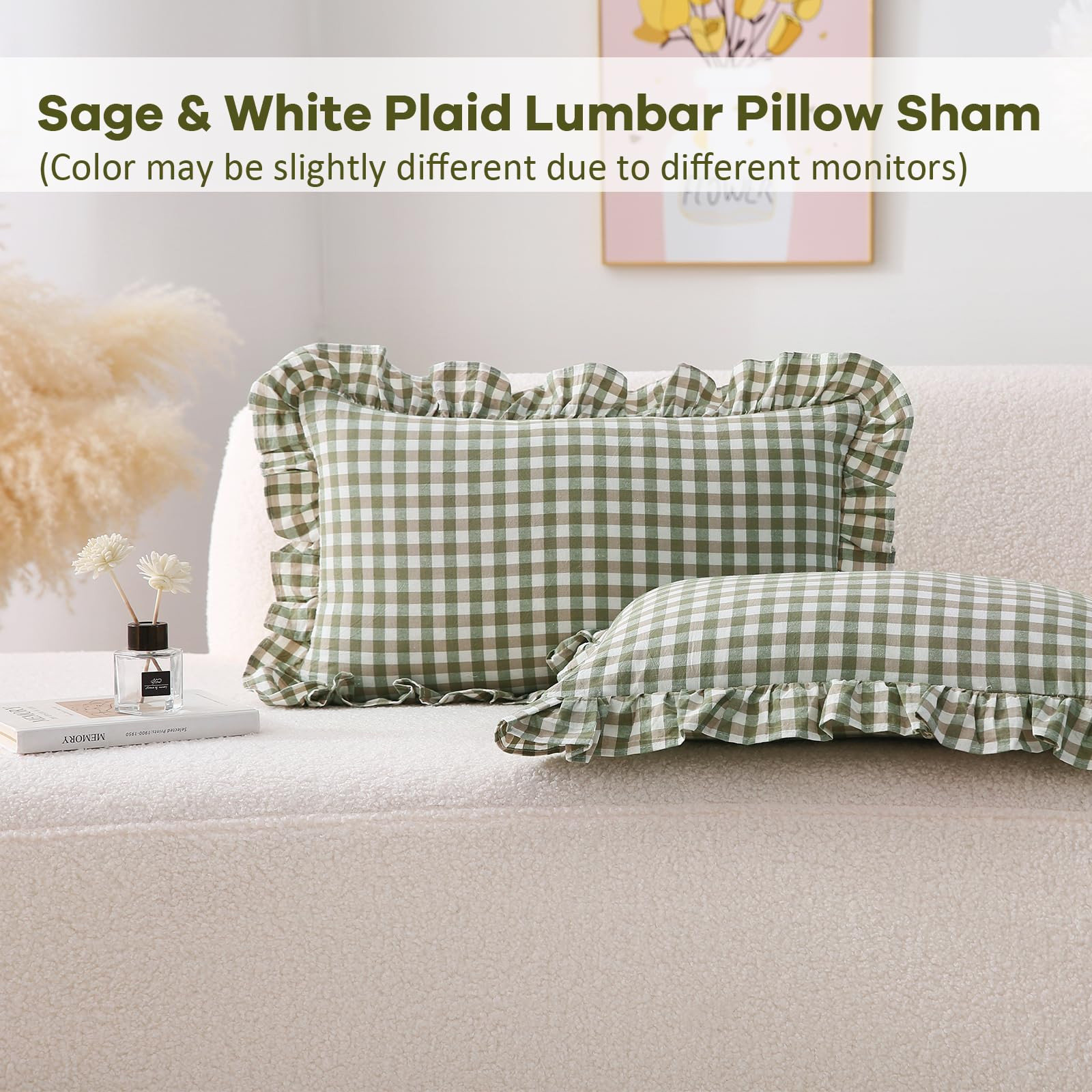 2 Pack Sage Green Plaid Ruffle Gingham Lumbar Throw Pillow Shams, 100% Washed Cotton Decorative C... | Amazon (US)