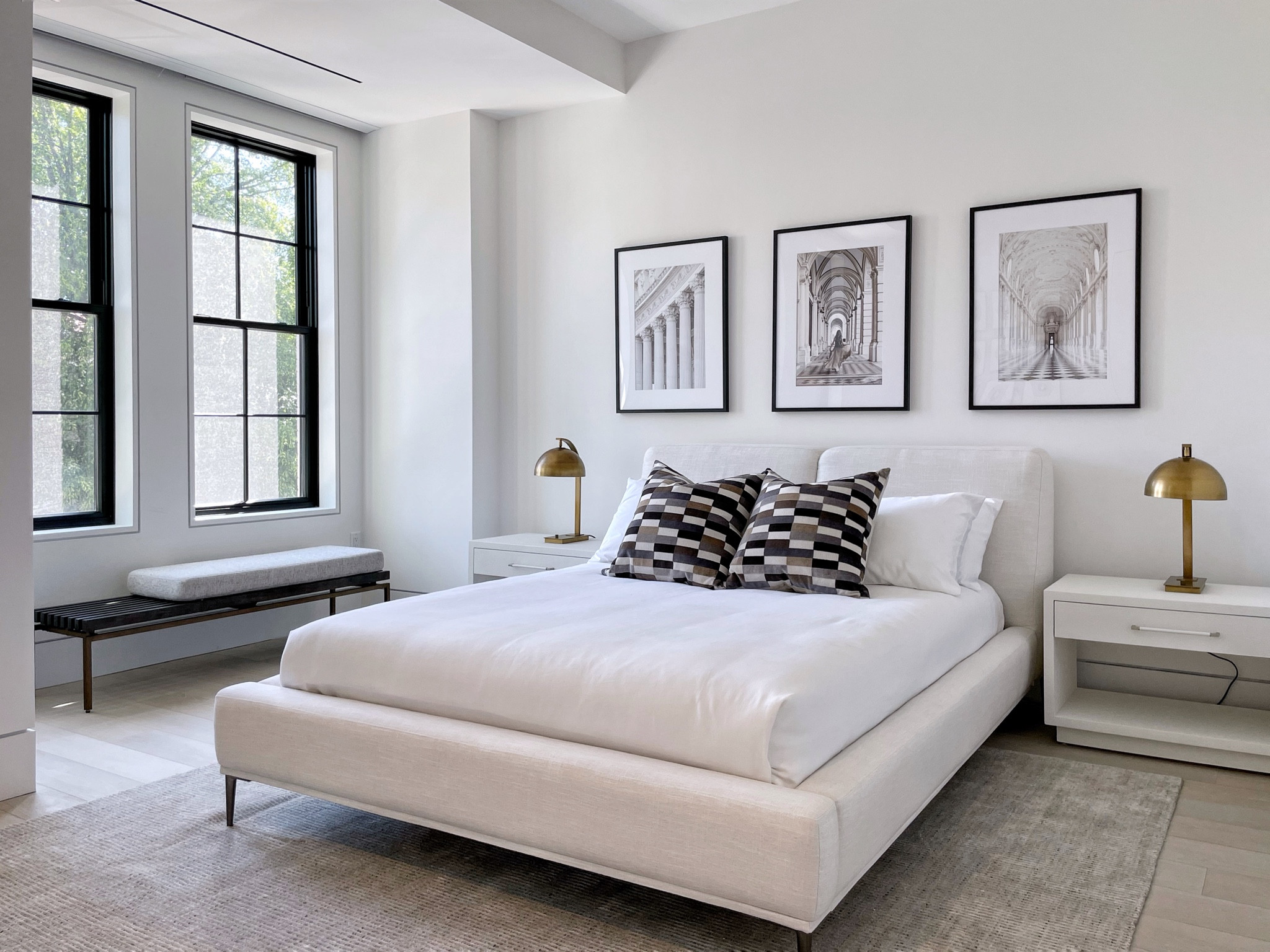 Black, white and a splash of gold - bedroom furniture and primary bedroom decor. White bedding, gold lamps, bench,
Art. 

#LTKFind #LTKhome #LTKstyletip