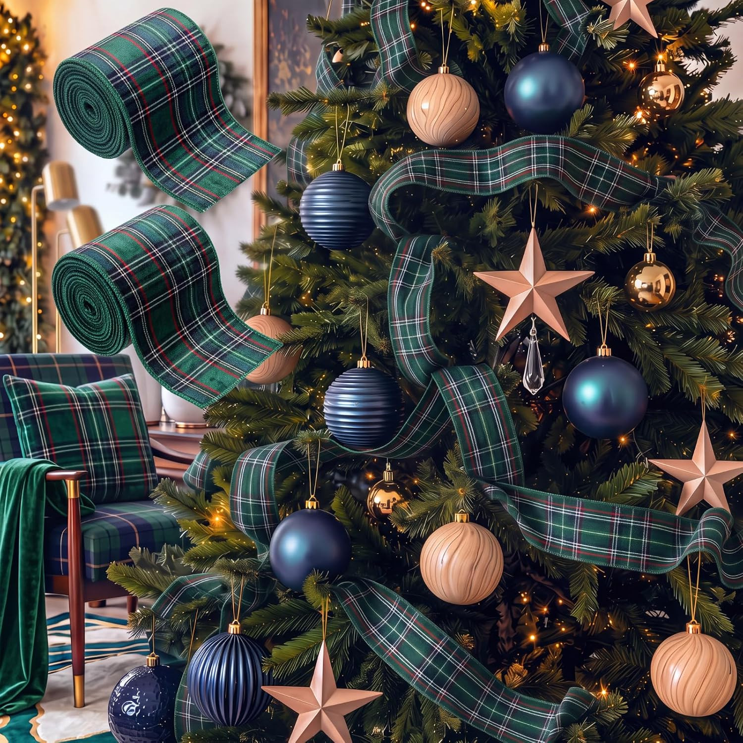Irenare 2 Pcs Tartan Christmas Tree Ribbon Garland 15.75ft Velvet Ribbon | Amazon (US)